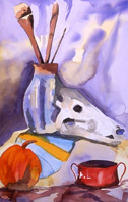 Still Life with Skull, watercolor by Barbara Strelke
